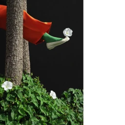 Leg extending from tree trunk wearing orange trousers, green sock, white shoe balancing white flower