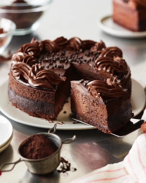 Chocolate cake with dark chocolate frosting and chocolate chips served on a white plate alongside dishes of chocolate powder.