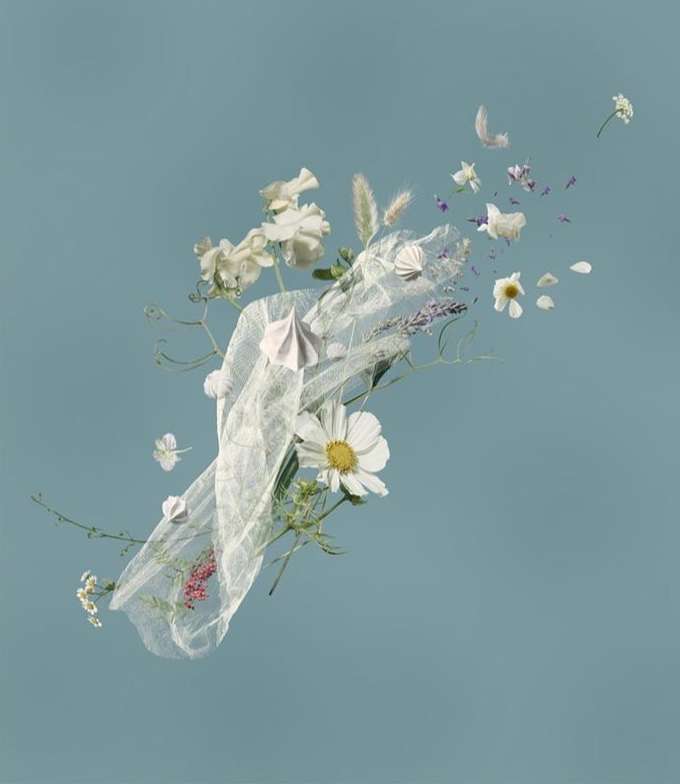Floral arrangement featuring white daisies, lisianthus, and lavender, wrapped in sheer white fabric, set against a light blue backdrop.