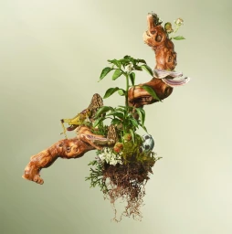 Detailed botanical still life featuring a gnarled wood branch, green plant, grasshopper, and exposed roots against a light gradient background.