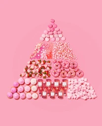 A triangular food pyramid made entirely of pink treats, including macarons, strawberries, donuts, bottles, and marshmallows.
