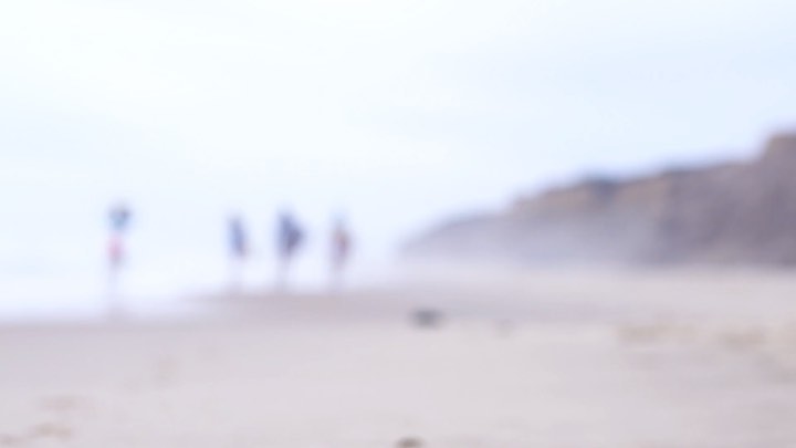 Blurred view of group of people at a beach. The sand and water are in soft, neutral tones with distant cliff in the background.