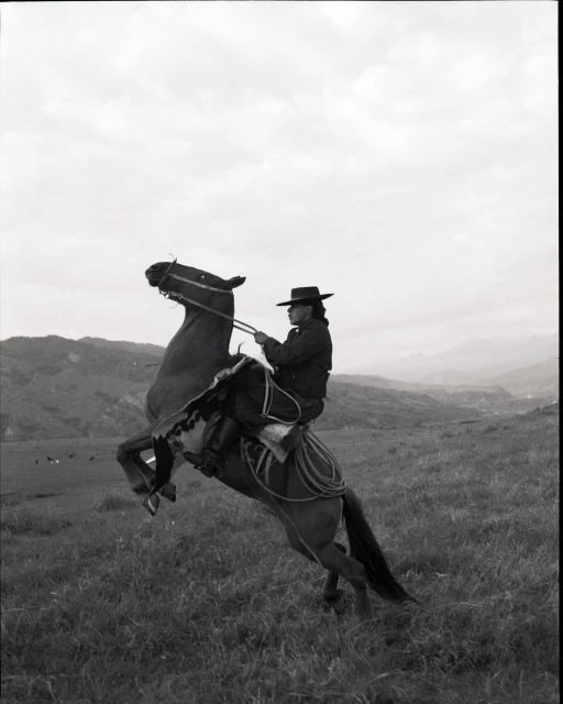A black-and-white photo shows a man on horseback rearing up on its hind legs in a grassy field, with distant hills under an overcast sky.