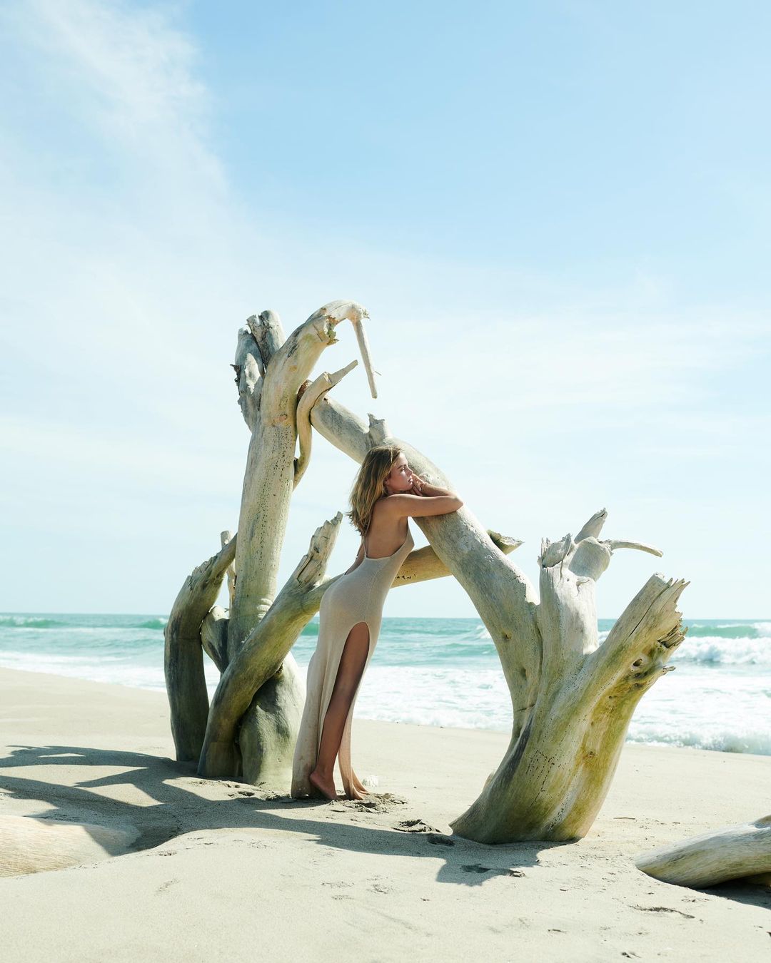 A woman in a dress leans against driftwood on a sandy beach with a view of the ocean and blue sky in a sunlit, outdoor setting.