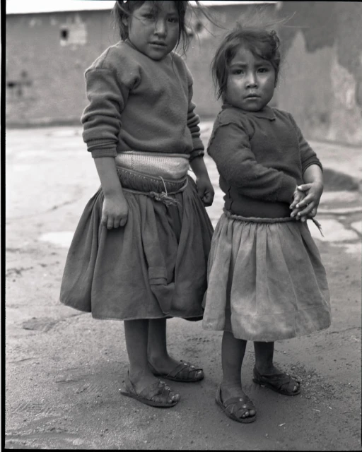 Two young girls stand outdoors in matching outfits, featuring sweaters, skirts, and sandals. The vintage photograph is black and white.