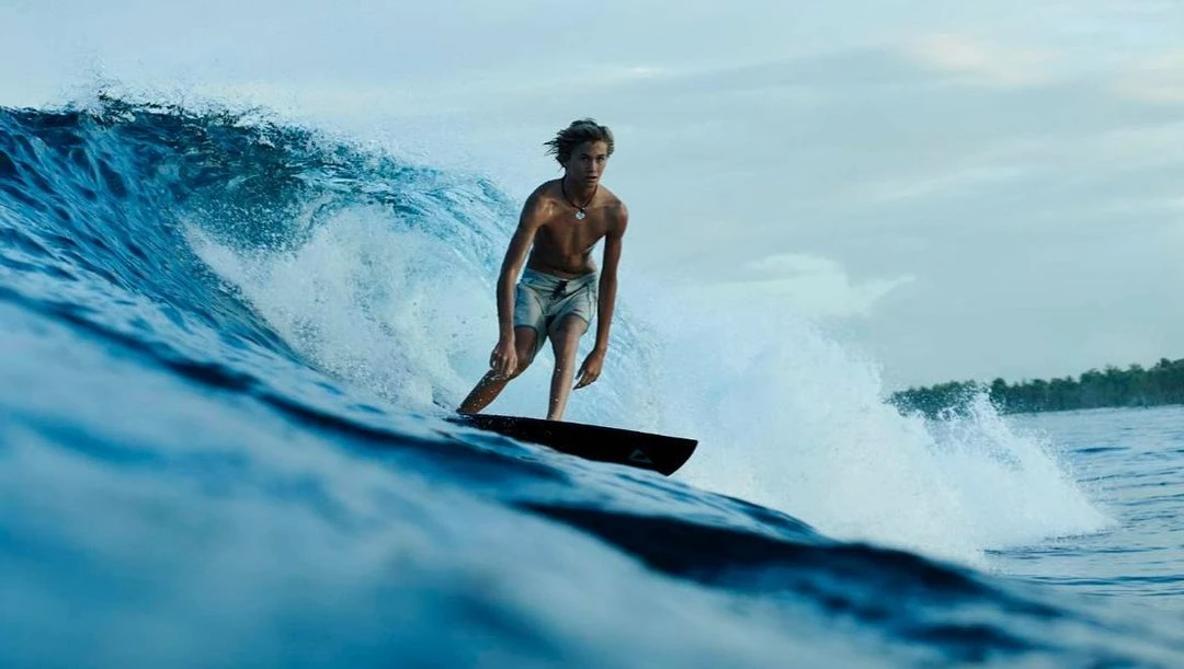 A surfer riding a large wave in the ocean, with a backdrop of trees and cloudy sky, capturing an active moment in nature.