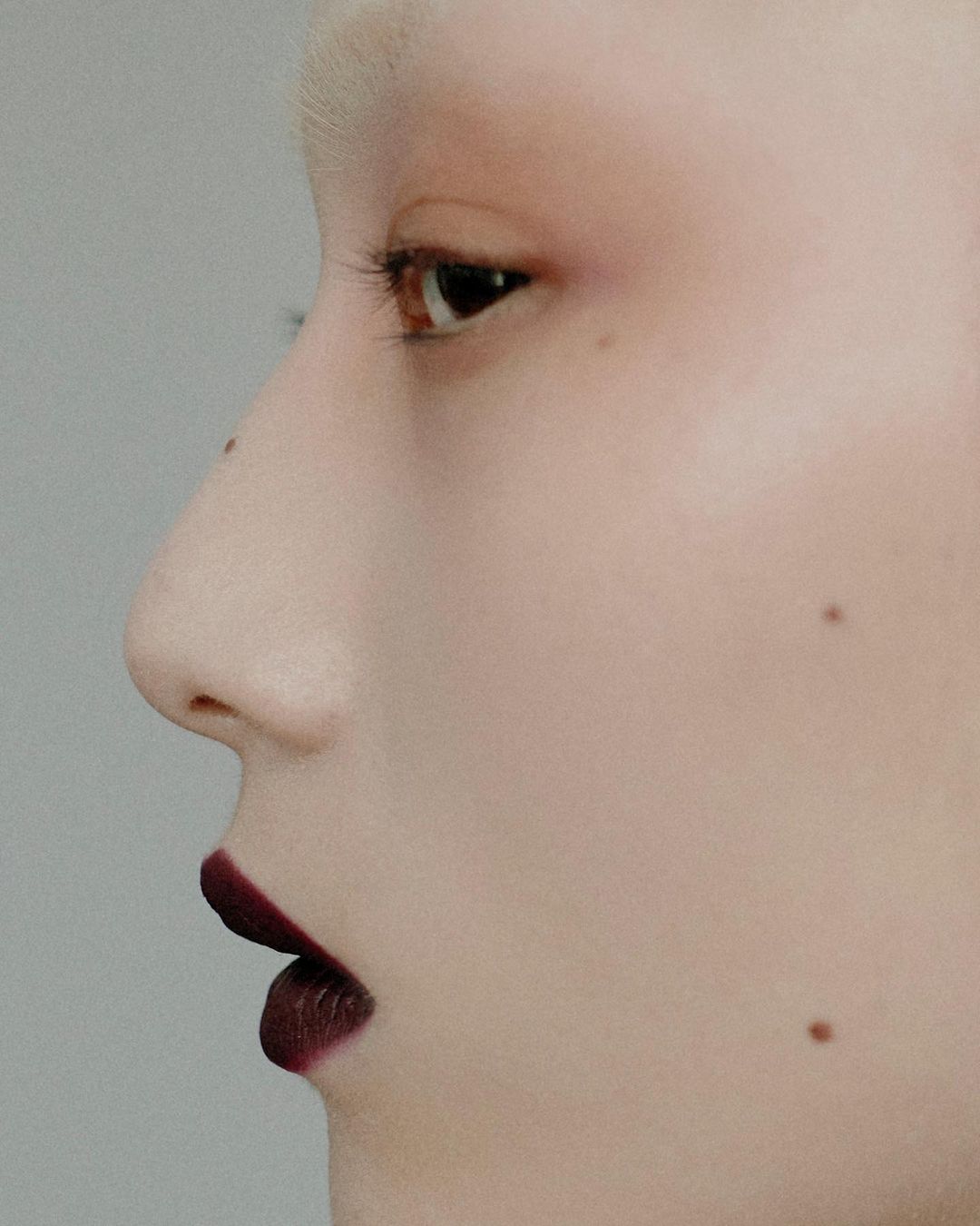Close-up profile portrait of a model with dark burgundy lipstick and faint beauty marks against a neutral grey background.