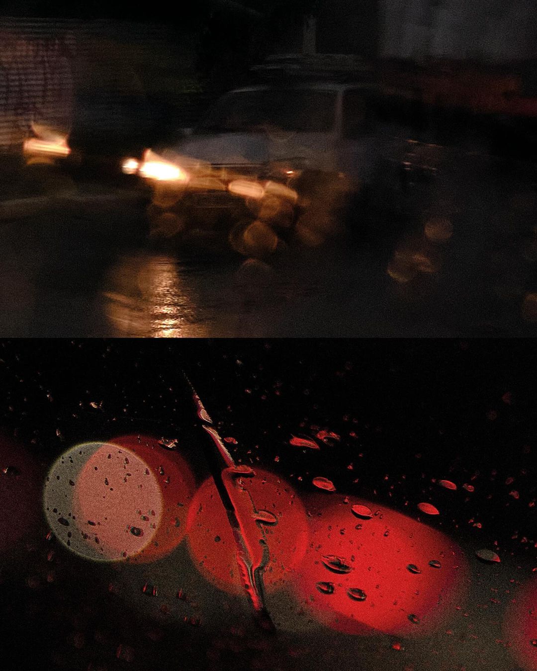 Rainy night cityscape featuring car headlights reflecting on wet streets. Dark ambiance with blurred lights and rain droplets on glass.