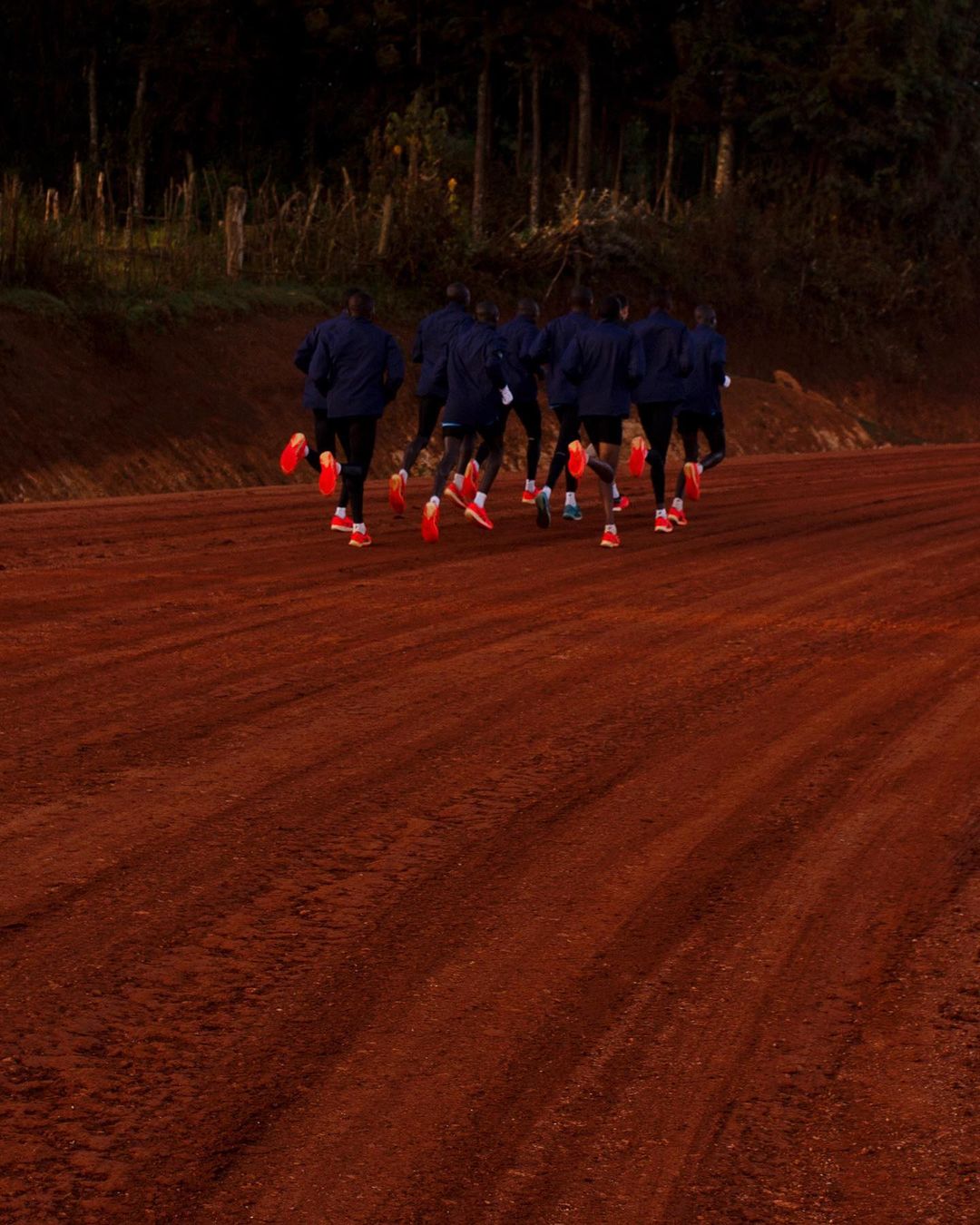 A group of runners in matching blue jackets and bright orange shoes are seen from behind, running along a red dirt road.