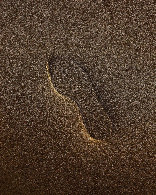 Sandy beach texture shows a single deep footprint, capturing the transient nature of human presence against a natural backdrop.