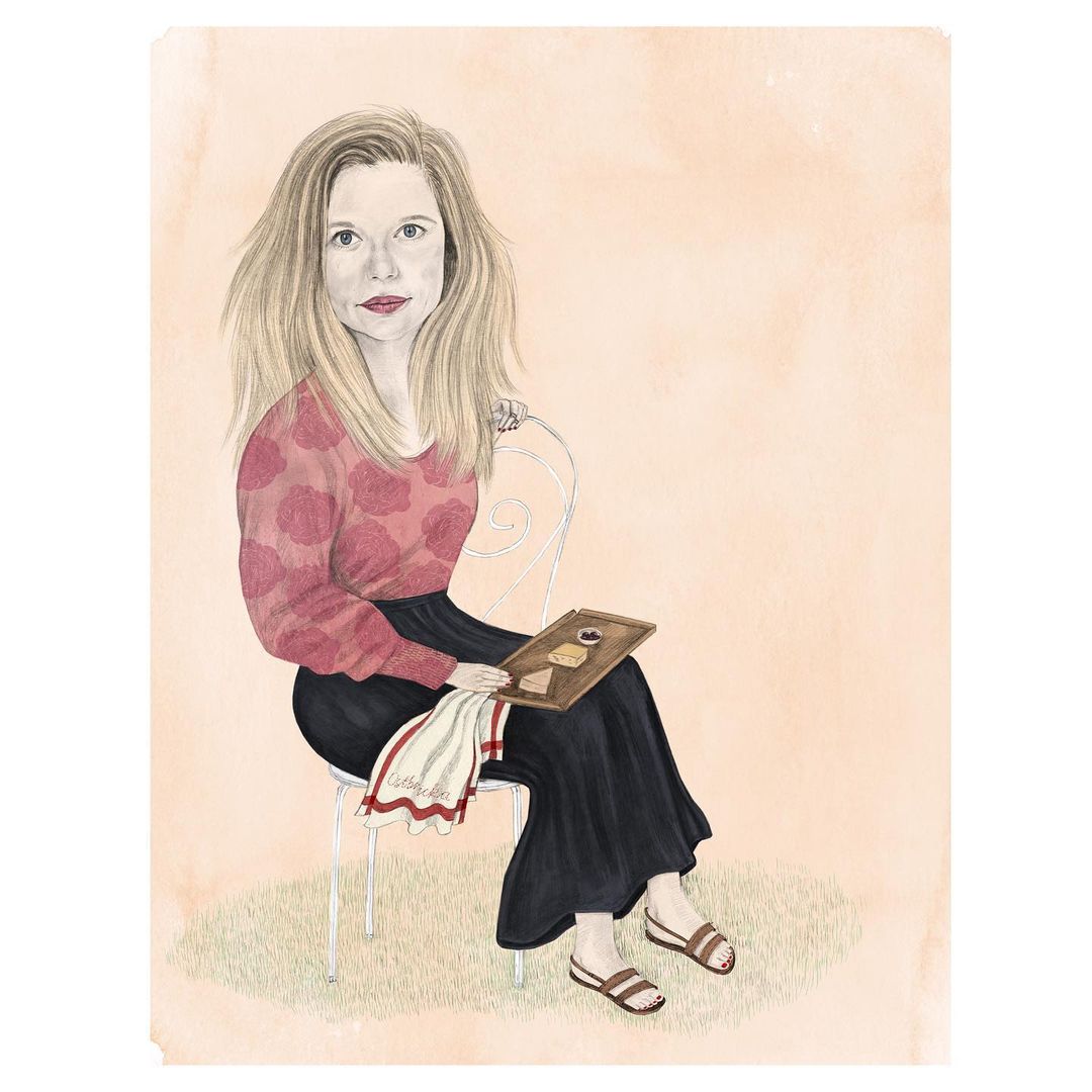 Illustration of a woman with blonde hair, sitting on a chair holding a tray with food, wearing a pink floral sweater and a black skirt.