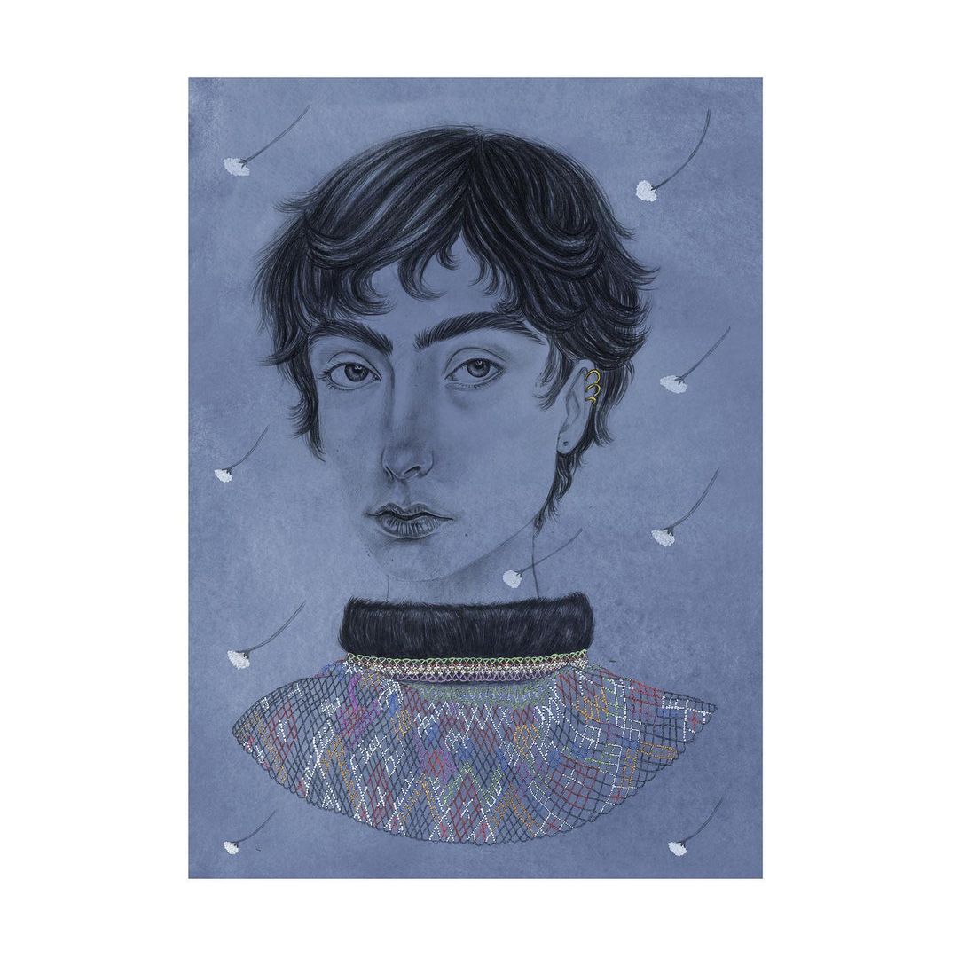 Illustration of a person with dark hair and a detailed collar against a muted blue background, rendered in a soft, artistic style.