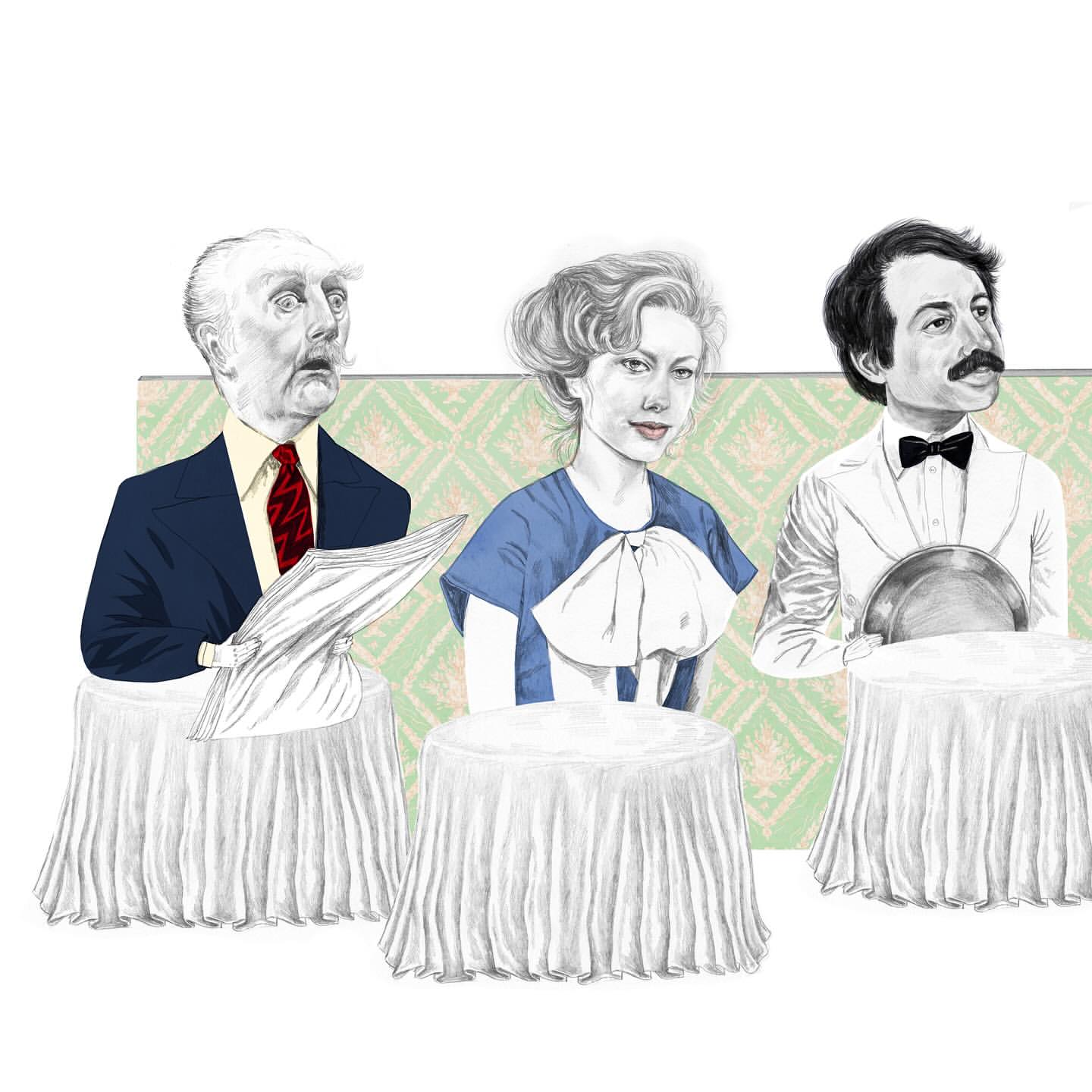 Illustration of three people in formal wear seated at tables in a dining setting with a patterned wallpaper backdrop and white tablecloths.
