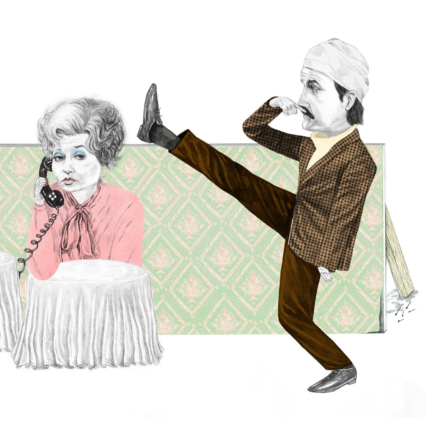 Illustration of a woman on the phone seated at a table and a man in a suit kicking in the air in front of a green wallpaper.