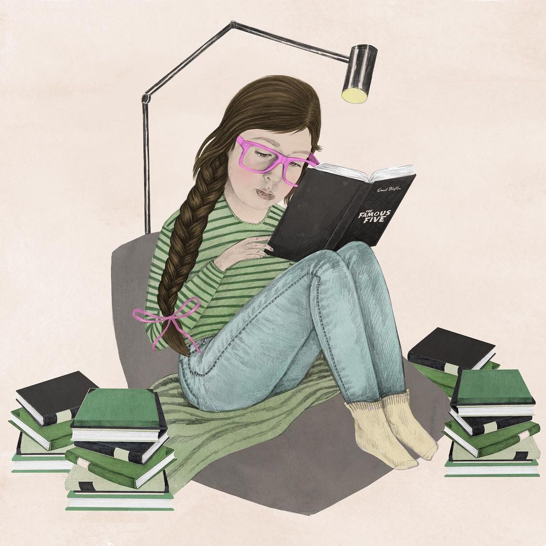 Illustration of a girl with long, braided hair and pink glasses sitting in a chair reading a book surrounded by stacks of books.