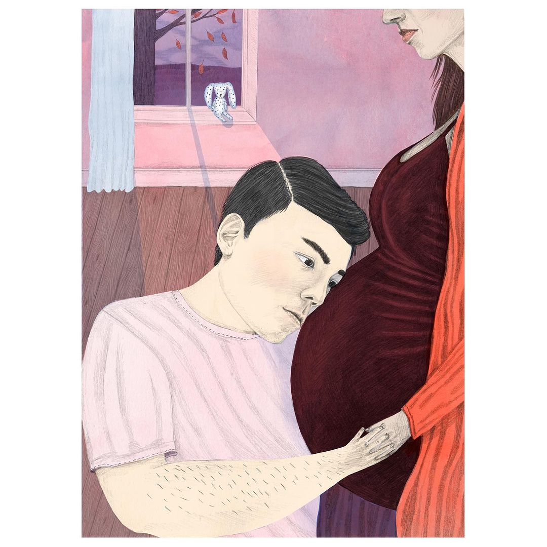 Watercolor illustration of a pregnant woman with the father of her child leaning against her pregnant belly with affection indoors.