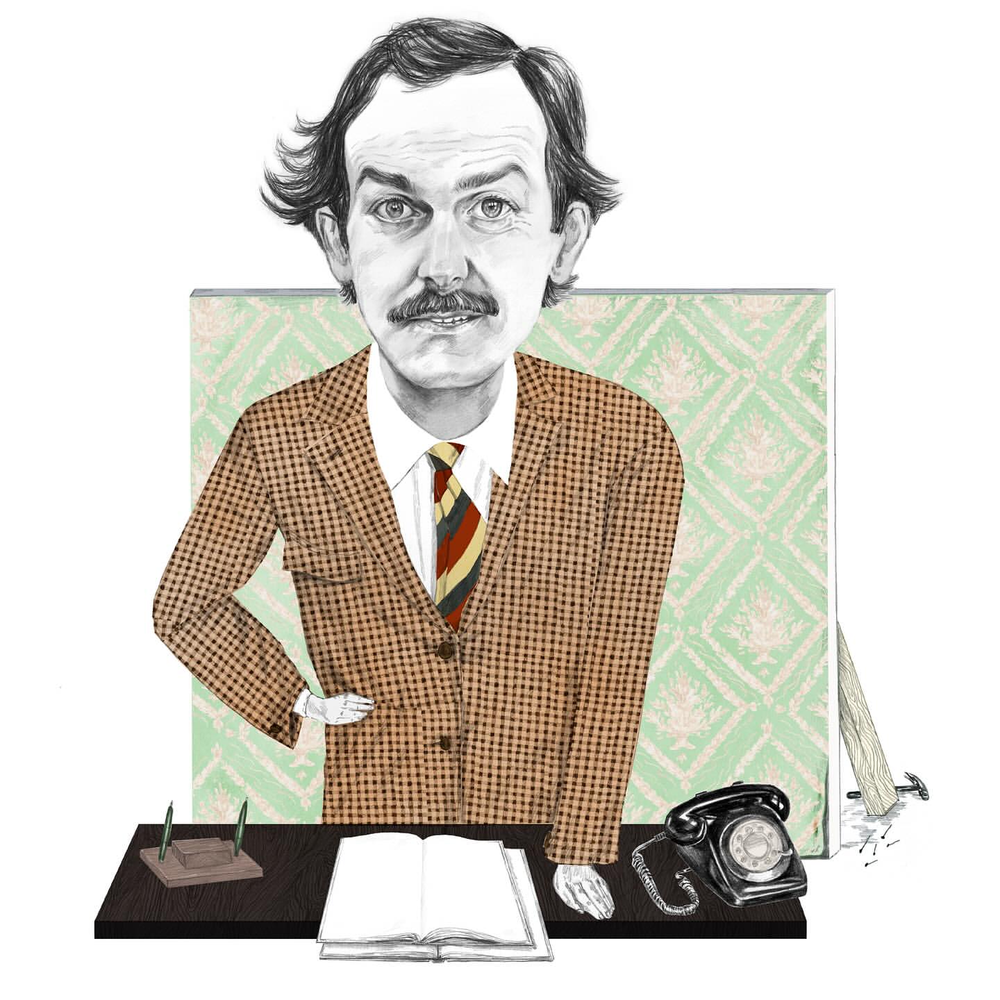 Illustration of a man in a suit and tie behind a desk with a phone, book, and pen holder, against a patterned wallpaper background.