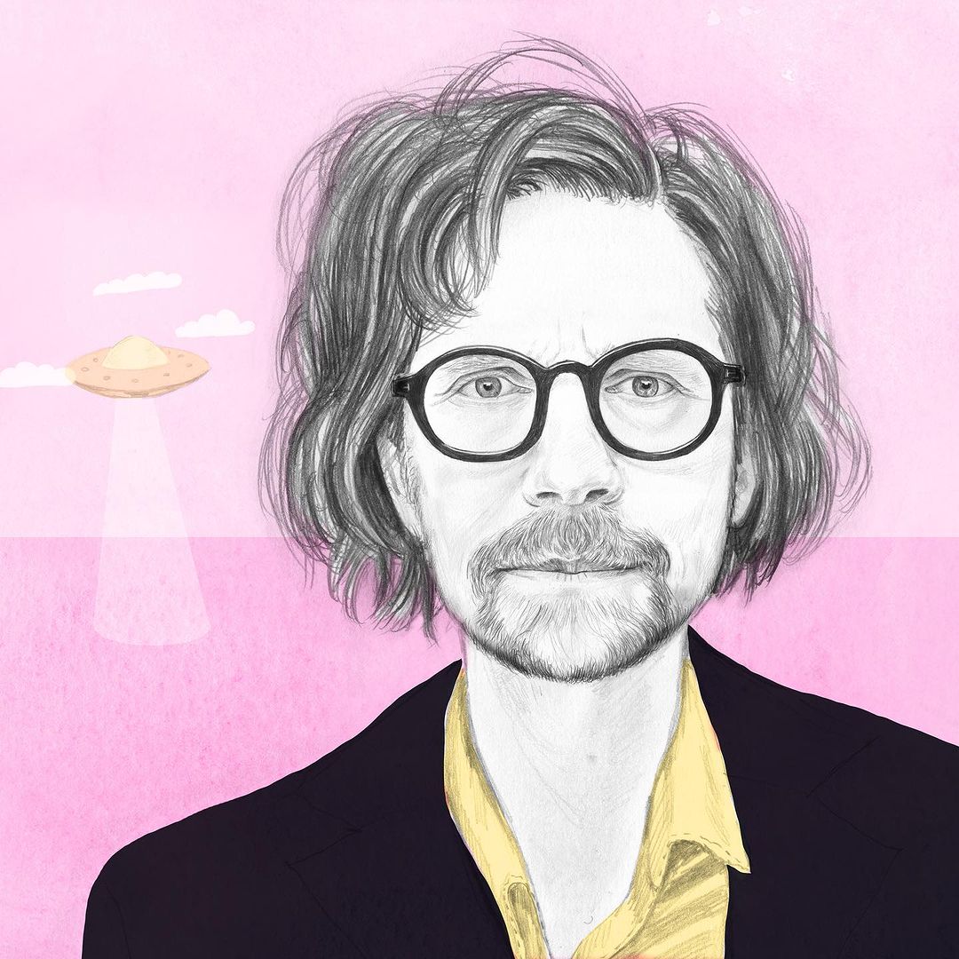 Illustration of a man with glasses, wearing a suit, with a yellow shirt, and short hair, against a pink sky and UFO.