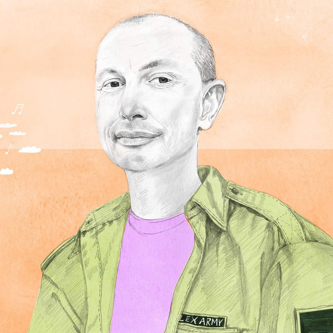 Illustration of a bald man with a light green jacket and pink t-shirt against an orange background with abstract cloud shapes.