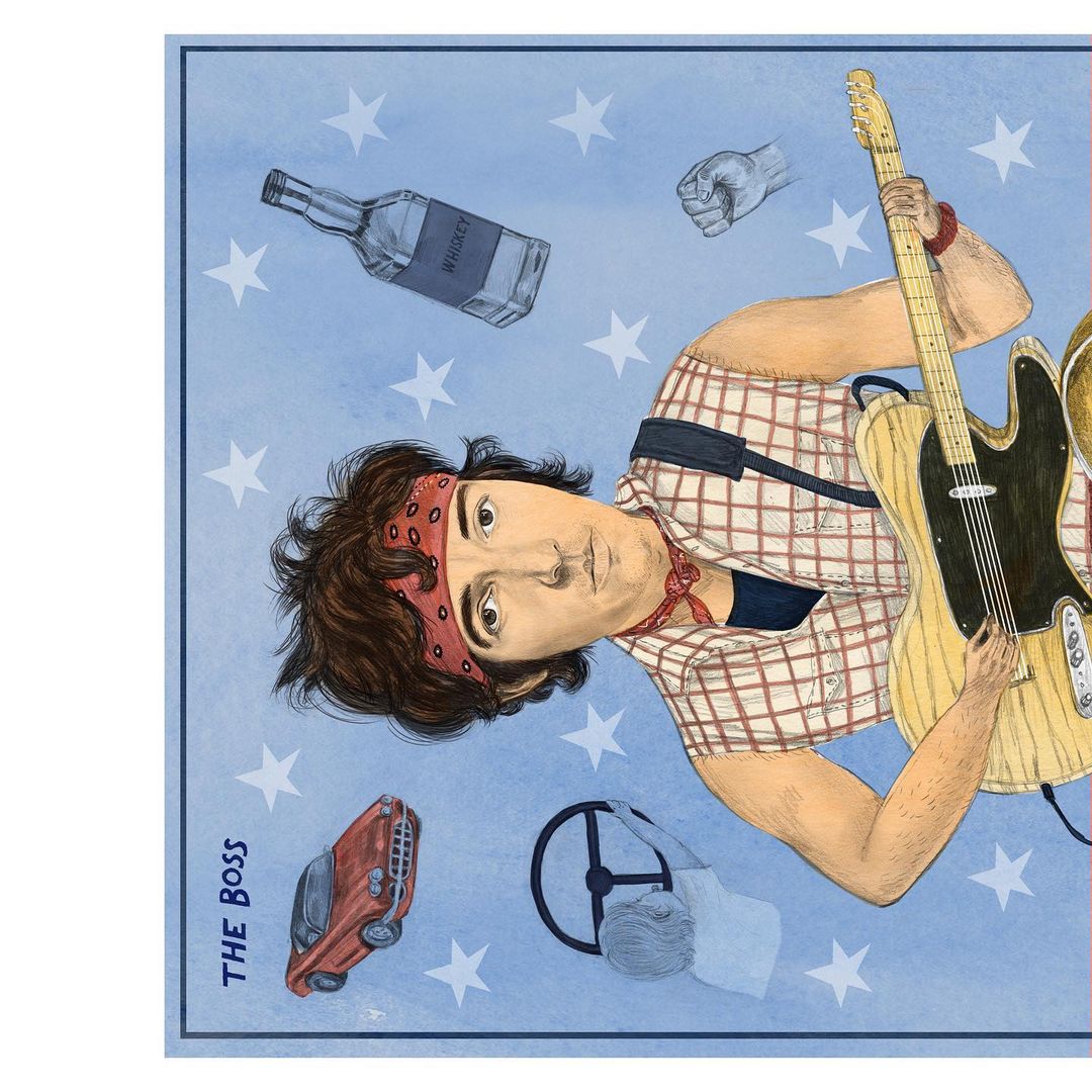 Illustration of a fair-skinned male musician with a red bandana playing an electric guitar. He is surrounded by car, bottle, and fist motifs.