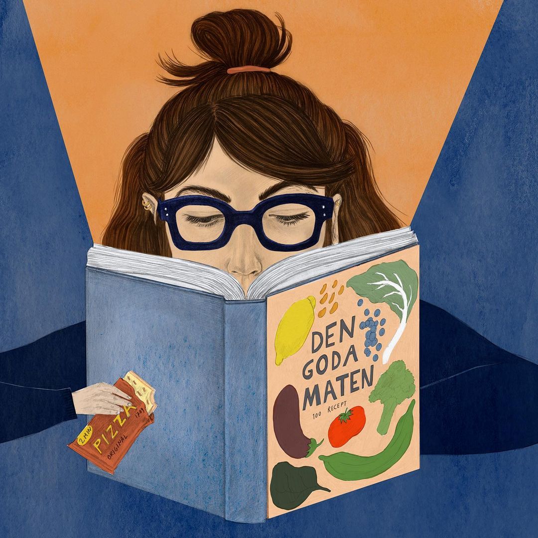 Illustration of a young woman with brown hair reading a cookbook with fruit and vegetables on the cover while eating pizza.