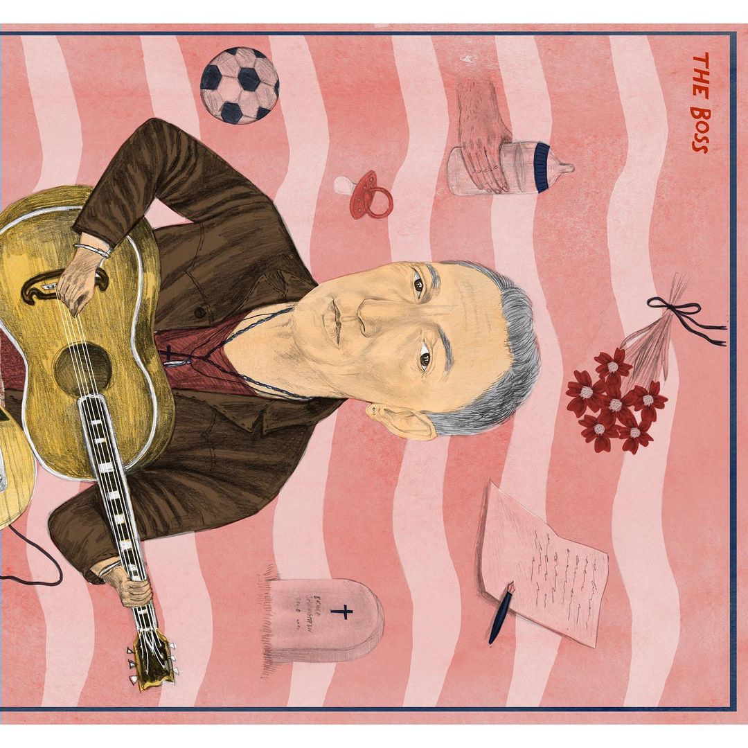 Illustration of a mature adult holding a guitar with a soccer ball, baby bottle, pacifier, flowers, and gravestone in the background.