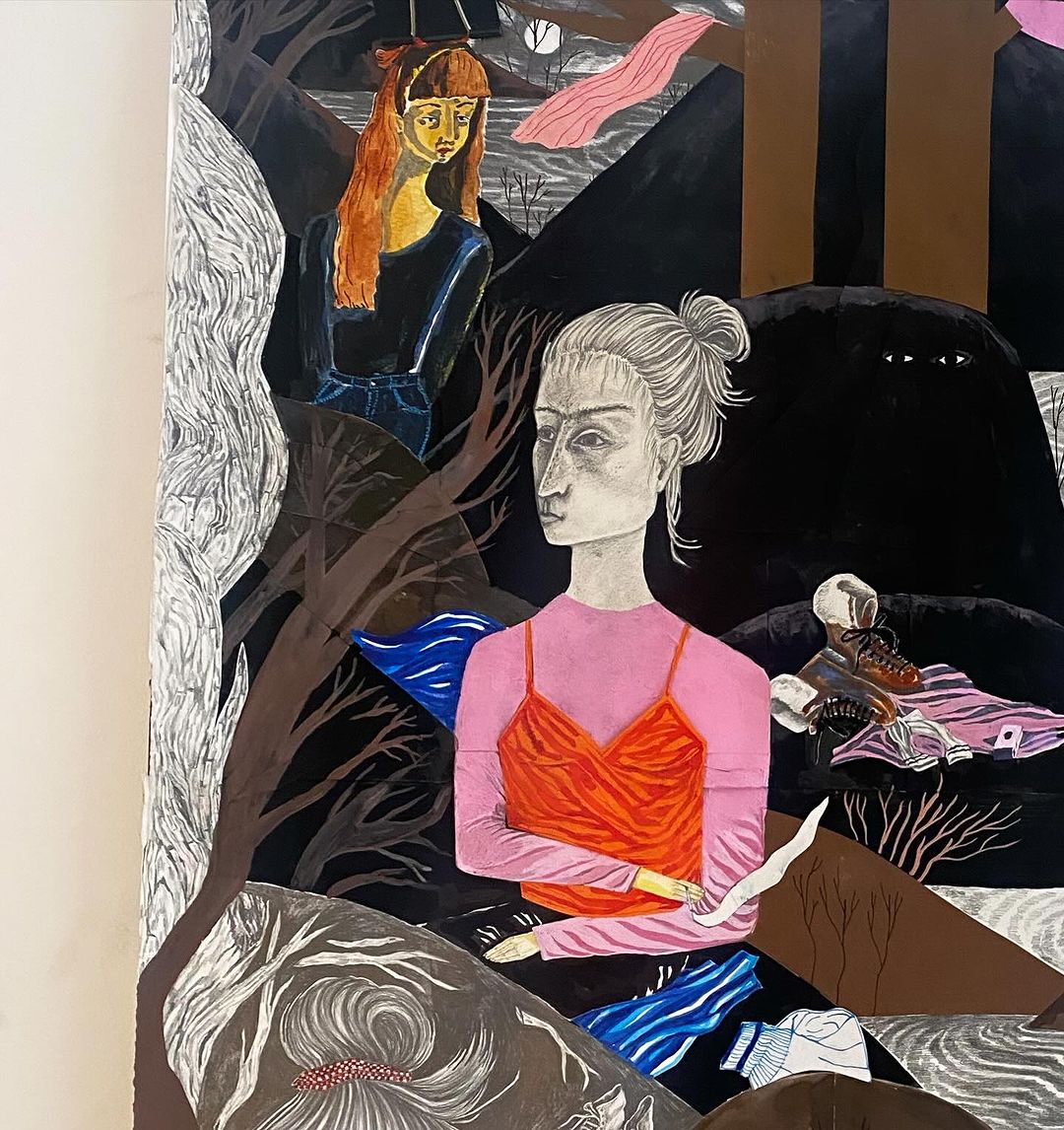 A surrealist art painting featuring two women, one holding a letter, with trees and a dark, stylized landscape backdrop creating a mysterious mood.