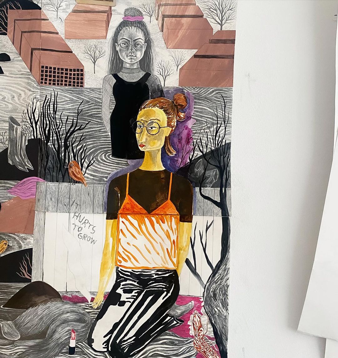 Two women depicted in a mixed-media artwork, featuring a seated woman with glasses and a standing woman in a dress, set against an abstract background.