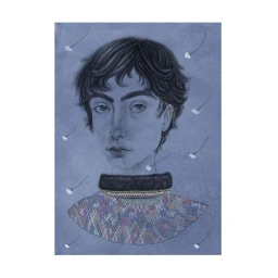 Portrait illustration by Annelie Carlstrom of a person with dark shaggy hair wearing a patterned top against a blue background.