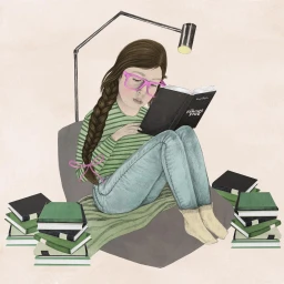 Illustrated young woman with a long braided hair wearing pink glasses and a striped sweater reading a book amidst stacks of books.