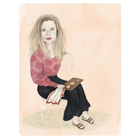 Illustration by Annelie Carlstroem of a blonde woman seated on a white chair holding a small wooden tray with food.