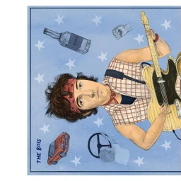Illustrated portrait of a man in a plaid shirt and red headband playing an electric guitar against a blue star-patterned background.