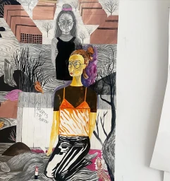 Mixed media illustration by Annelie Carlström featuring a seated woman with glasses against an industrial landscape background.
