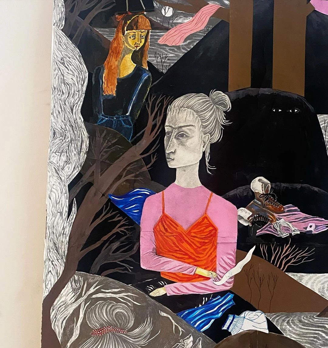 Detailed mixed media illustration featuring stylized figures in a dark forested landscape by Annelie Carlström