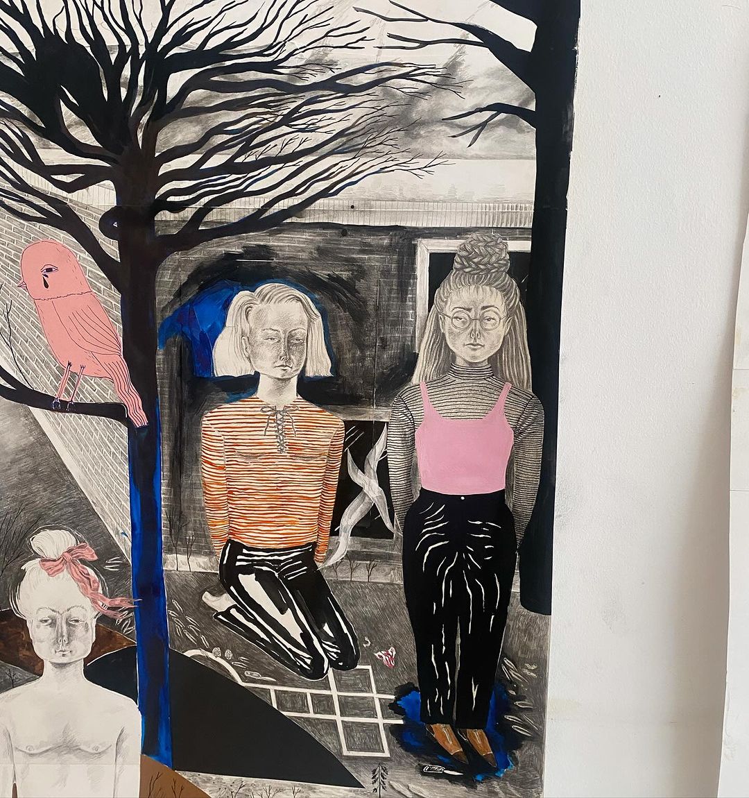 Detailed ink and watercolour illustration by Annelie Carlström featuring figures and a pink bird