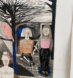 Detailed ink and watercolour illustration by Annelie Carlström featuring figures and a pink bird