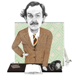 Caricature illustration by Annelie Carlstrom of a man with a mustache in a plaid jacket standing at a desk with a telephone and open book.