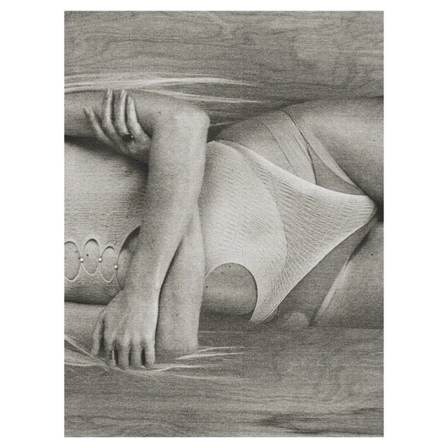 Graphite drawing depicting a woman lying down, wearing a garment, with a textured background and a focus on subtle shading.