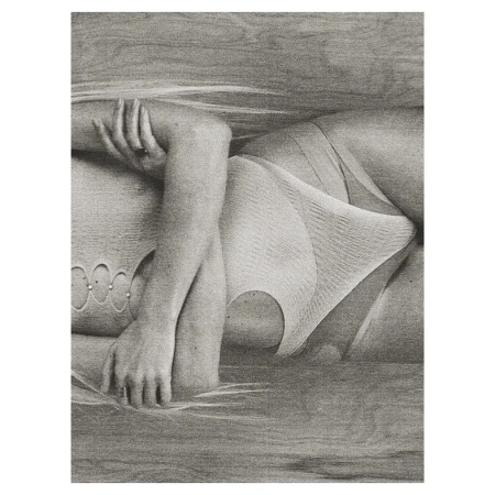Graphite drawing depicting a woman lying down, wearing a garment, with a textured background and a focus on subtle shading.