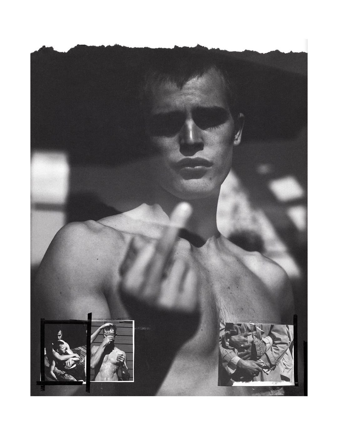 Black and white portrait of a shirtless adult male giving the middle finger, composited with three smaller black-and-white photographs.