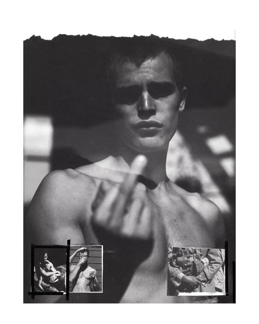Black and white portrait of a shirtless adult male giving the middle finger, composited with three smaller black-and-white photographs.
