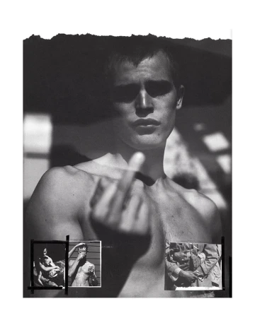 Black and white portrait of a shirtless adult male giving the middle finger, composited with three smaller black-and-white photographs.