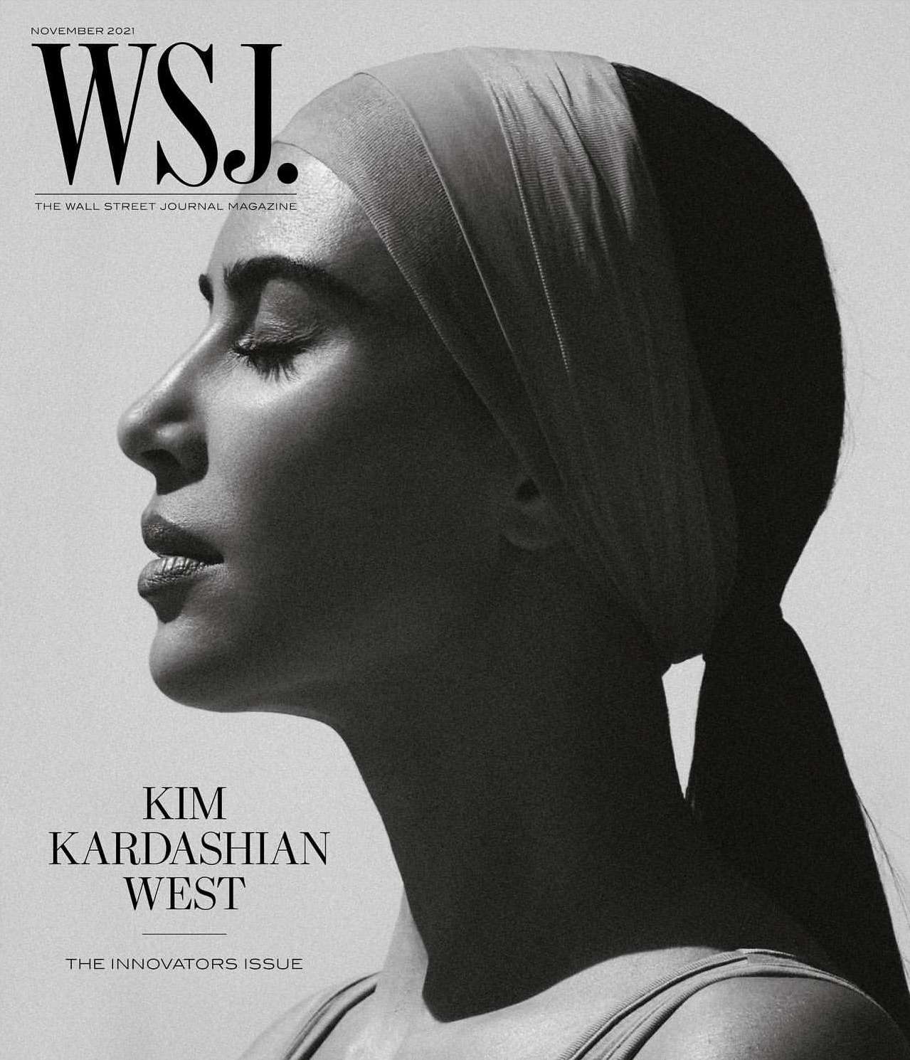 WSJ Magazine cover featuring Kim Kardashian West in profile with a soft headscarf, neutral makeup, and minimalist studio setting.