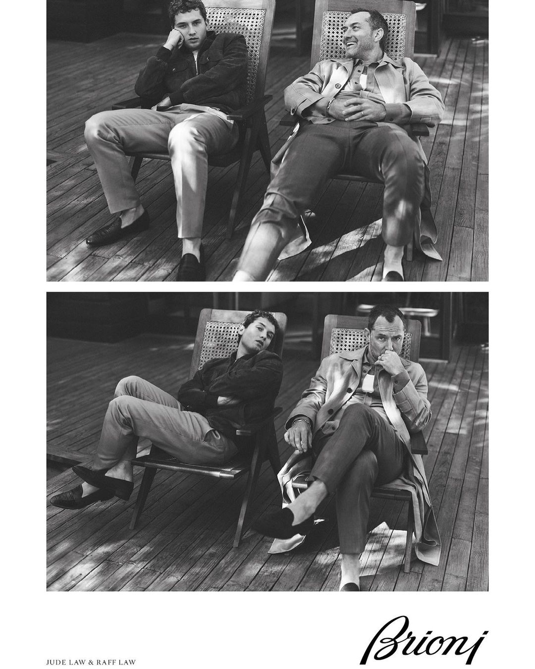 Black and white studio shot of Jude Law and Raff Law sitting in chairs, wearing casual clothes, and posing for a Brioni ad.