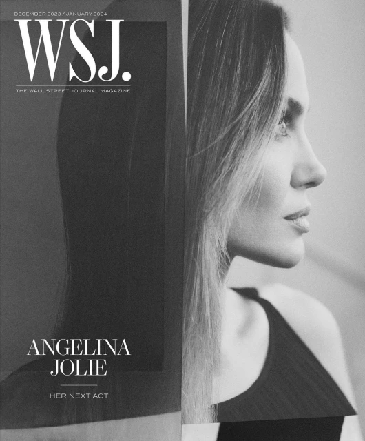Black and white magazine cover featuring a profile of Angelina Jolie. The Wall Street Journal (WSJ) logo is prominently displayed.
