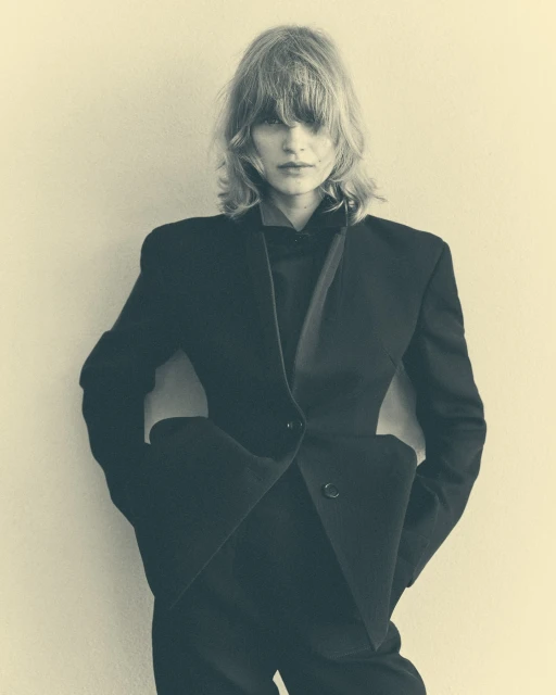 A stylish adult female model in a black suit stands in front of a simple off-white background, in a studio shot, showcasing fashion.