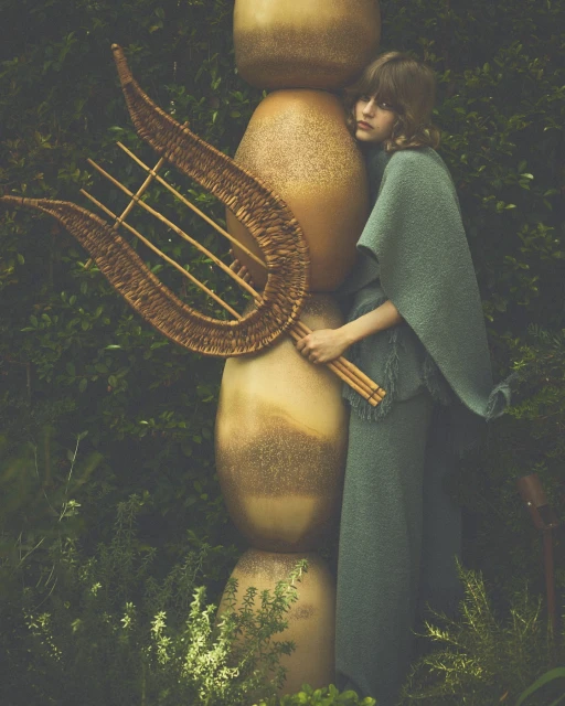 Young woman in green outfit poses with a wicker lyre next to a stack of large ceramic vessels in an overgrown garden setting.