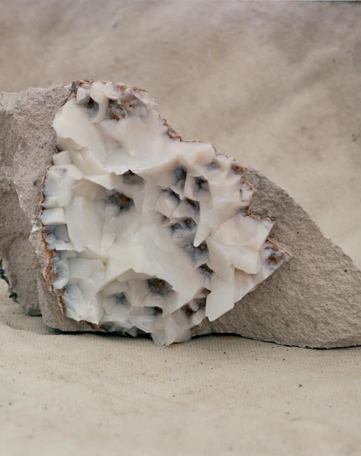 Close-up of a white calcite mineral specimen featuring a crystal structure set against a grey, textured stone and neutral backdrop.