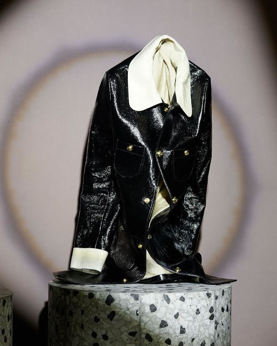 Shiny black jacket with white collar on a pedestal. Studio product shot showcasing modern apparel, fashion, and stylish outerwear.