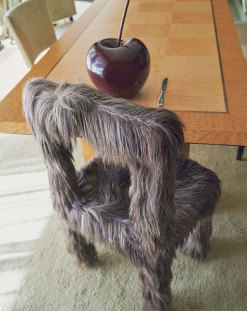 Fur chair with a cherry sculpture on a wood table sits on a carpeted floor in a brightly lit room. Furniture design.